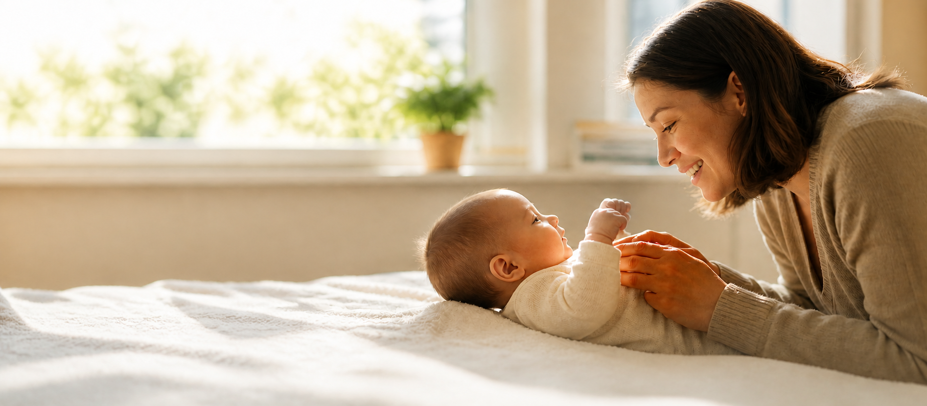 Caregiver smiling while observing an infant